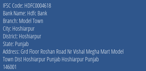 Hdfc Bank Model Town Branch, Branch Code 004618 & IFSC Code Hdfc0004618