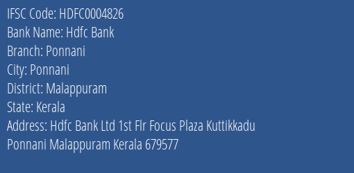 Hdfc Bank Ponnani Branch Malappuram IFSC Code HDFC0004826