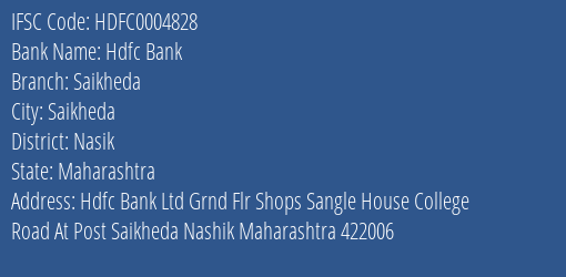 Hdfc Bank Saikheda Branch Nasik IFSC Code HDFC0004828
