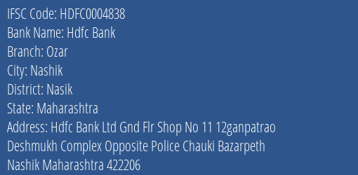 Hdfc Bank Ozar Branch Nasik IFSC Code HDFC0004838