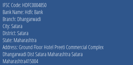 Hdfc Bank Dhangarwadi Branch, Branch Code 004850 & IFSC Code Hdfc0004850