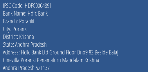 Hdfc Bank Poranki Branch Krishna IFSC Code HDFC0004891