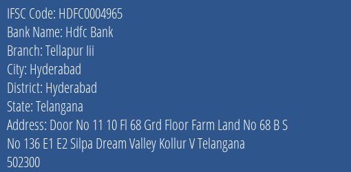 Hdfc Bank Tellapur Iii Branch, Branch Code 004965 & IFSC Code Hdfc0004965