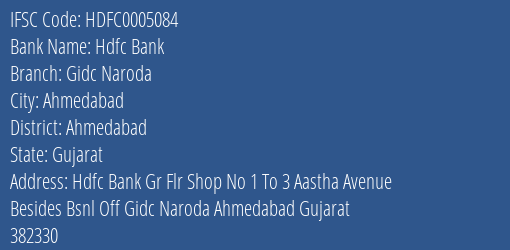 Hdfc Bank Gidc Naroda Branch Ahmedabad IFSC Code HDFC0005084