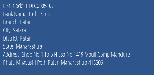 Hdfc Bank Patan Branch, Branch Code 005107 & IFSC Code HDFC0005107