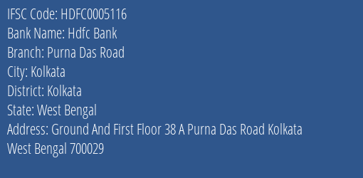 Hdfc Bank Purna Das Road Branch Kolkata IFSC Code HDFC0005116
