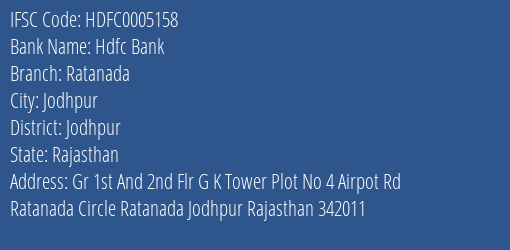 Hdfc Bank Ratanada Branch Jodhpur IFSC Code HDFC0005158