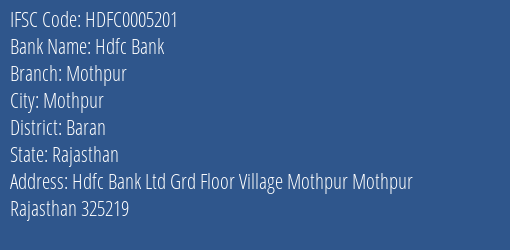 Hdfc Bank Mothpur Branch Baran IFSC Code HDFC0005201