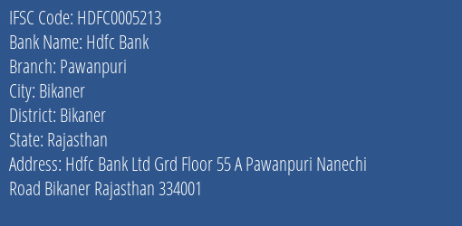 Hdfc Bank Pawanpuri Branch Bikaner IFSC Code HDFC0005213
