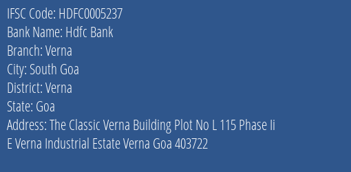 Hdfc Bank Verna Branch Verna IFSC Code HDFC0005237