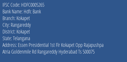Hdfc Bank Kokapet Branch Kokapet IFSC Code HDFC0005265