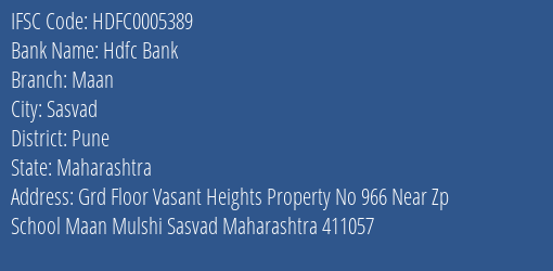 Hdfc Bank Maan Branch Pune IFSC Code HDFC0005389