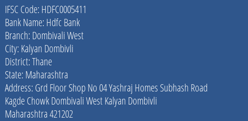 Hdfc Bank Dombivali West Branch Thane IFSC Code HDFC0005411