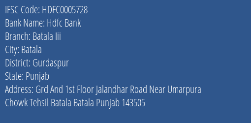 Hdfc Bank Batala Iii Branch, Branch Code 005728 & IFSC Code Hdfc0005728