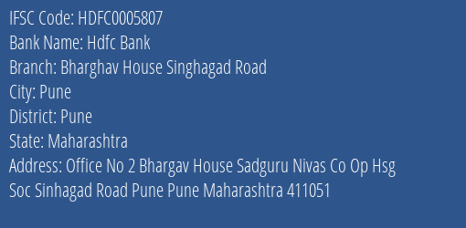 Hdfc Bank Bharghav House Singhagad Road Branch, Branch Code 005807 & IFSC Code Hdfc0005807