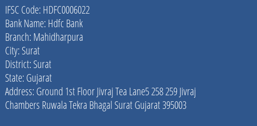 Hdfc Bank Mahidharpura Branch Surat IFSC Code HDFC0006022
