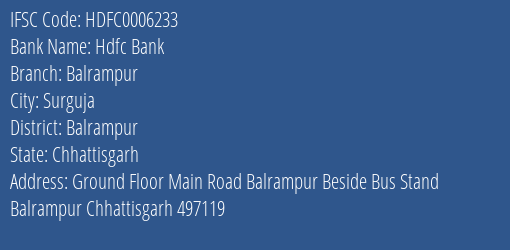 Hdfc Bank Balrampur Branch, Branch Code 006233 & IFSC Code HDFC0006233