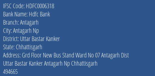 Hdfc Bank Antagarh Branch Uttar Bastar Kanker IFSC Code HDFC0006318