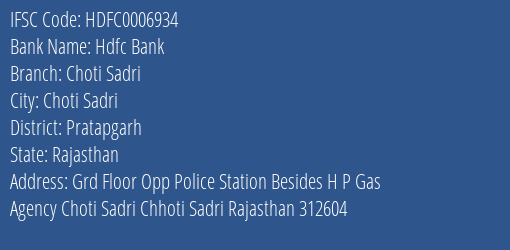 Hdfc Bank Choti Sadri Branch Pratapgarh IFSC Code HDFC0006934