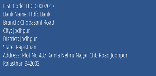 Hdfc Bank Chopasani Road Branch Jodhpur IFSC Code HDFC0007017