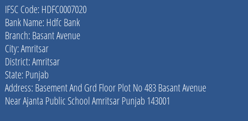 Hdfc Bank Basant Avenue Branch Amritsar IFSC Code HDFC0007020