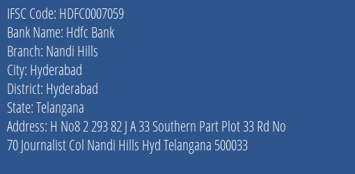 Hdfc Bank Nandi Hills Branch Hyderabad IFSC Code HDFC0007059