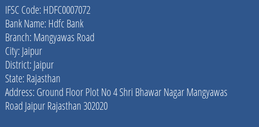 Hdfc Bank Mangyawas Road Branch Jaipur IFSC Code HDFC0007072