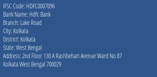 Hdfc Bank Lake Road Branch Kolkata IFSC Code HDFC0007096