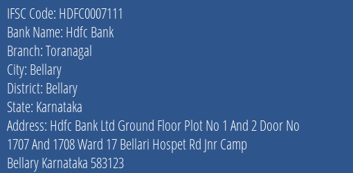 Hdfc Bank Toranagal Branch Bellary IFSC Code HDFC0007111