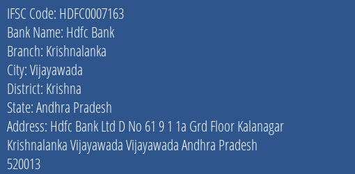 Hdfc Bank Krishnalanka Branch Krishna IFSC Code HDFC0007163