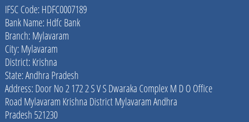 Hdfc Bank Mylavaram Branch Krishna IFSC Code HDFC0007189