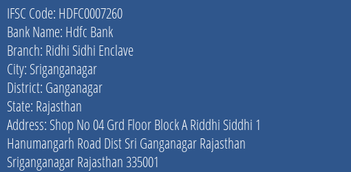 Hdfc Bank Ridhi Sidhi Enclave Branch Ganganagar IFSC Code HDFC0007260