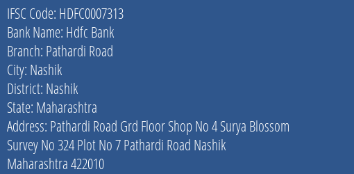 Hdfc Bank Pathardi Road Branch Nashik IFSC Code HDFC0007313