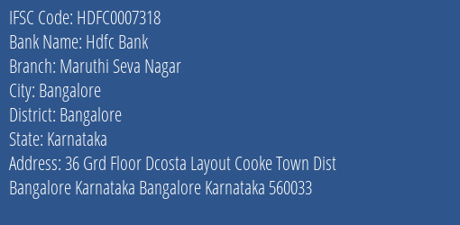 Hdfc Bank Maruthi Seva Nagar Branch Bangalore IFSC Code HDFC0007318