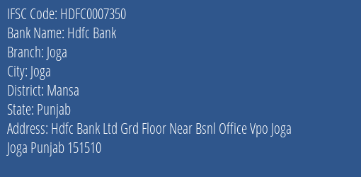 Hdfc Bank Joga Branch Mansa IFSC Code HDFC0007350