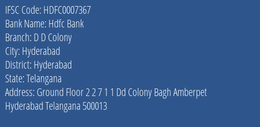 Hdfc Bank D D Colony Branch Hyderabad IFSC Code HDFC0007367