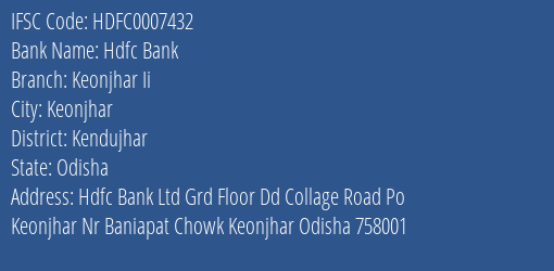 Hdfc Bank Keonjhar Ii Branch Kendujhar IFSC Code HDFC0007432