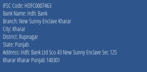 Hdfc Bank New Sunny Enclave Kharar Branch, Branch Code 007463 & IFSC Code Hdfc0007463