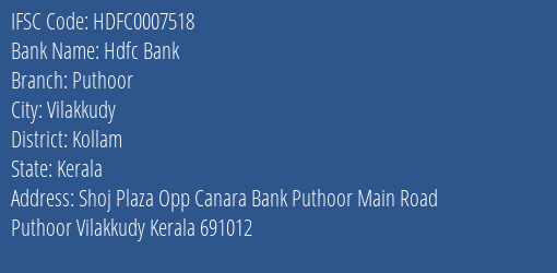 Hdfc Bank Puthoor Branch, Branch Code 007518 & IFSC Code Hdfc0007518
