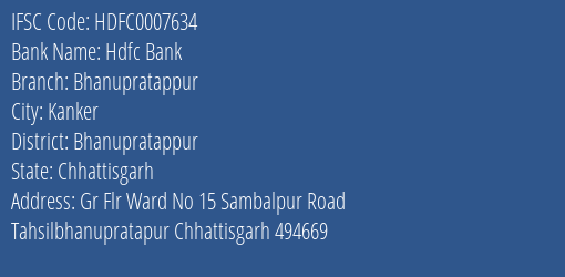 Hdfc Bank Bhanupratappur Branch Bhanupratappur IFSC Code HDFC0007634