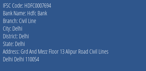 Hdfc Bank Civil Line Branch Delhi IFSC Code HDFC0007694