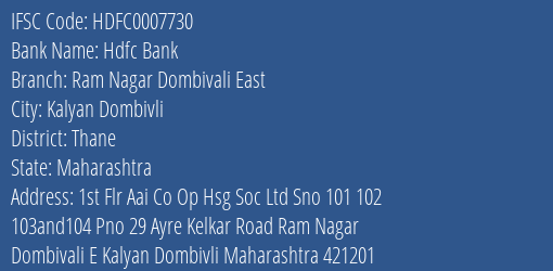 Hdfc Bank Ram Nagar Dombivali East Branch Thane IFSC Code HDFC0007730