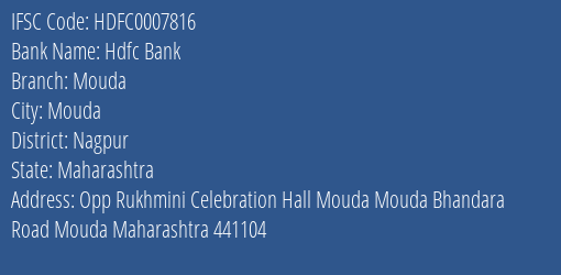Hdfc Bank Mouda Branch Nagpur IFSC Code HDFC0007816