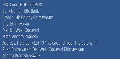 Hdfc Bank Hb Colony Bhimavaram Branch West Godavari IFSC Code HDFC0007938