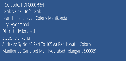 Hdfc Bank Panchavati Colony Manikonda Branch Hyderabad IFSC Code HDFC0007954
