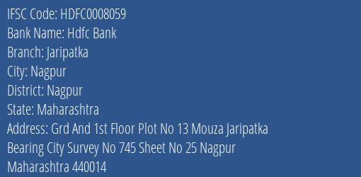 Hdfc Bank Jaripatka Branch Nagpur IFSC Code HDFC0008059