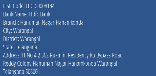 Hdfc Bank Hanuman Nagar Hanamkonda Branch Warangal IFSC Code HDFC0008184