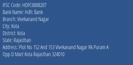 Hdfc Bank Vivekanand Nagar Branch Kota IFSC Code HDFC0008207
