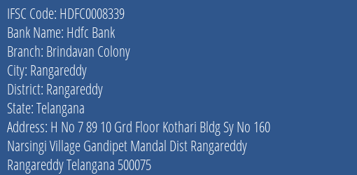 Hdfc Bank Brindavan Colony Branch Rangareddy IFSC Code HDFC0008339