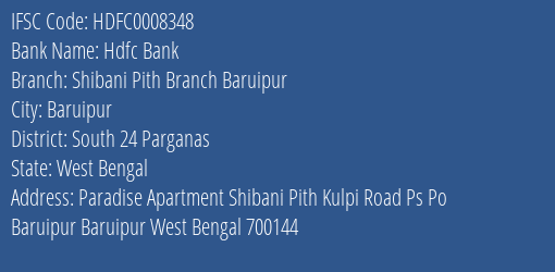 Hdfc Bank Shibani Pith Branch Baruipur Branch South 24 Parganas IFSC Code HDFC0008348